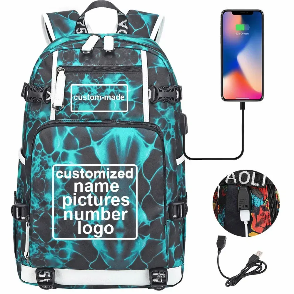 sac à dos en toile pour hommes et femmes, imprimé personnalisé, avec photo ou logo, pour enfants, garçons et filles, usb, pour ordinateur portable, grand sac de voyage