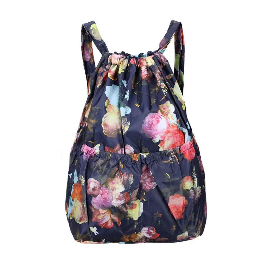sac à cordon imprimé floral décontracté, sac de shopping portable en polyester imperméable, sacs à dos pliables légers pour adolescentes