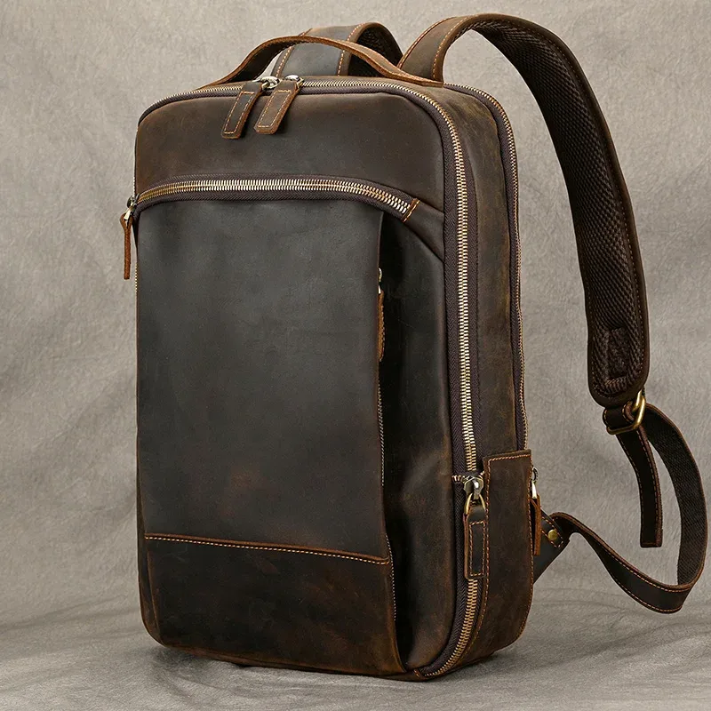 sac à dos de voyage vintage en cuir à double fermeture éclair pour homme, sacoche de voyage faite à la main