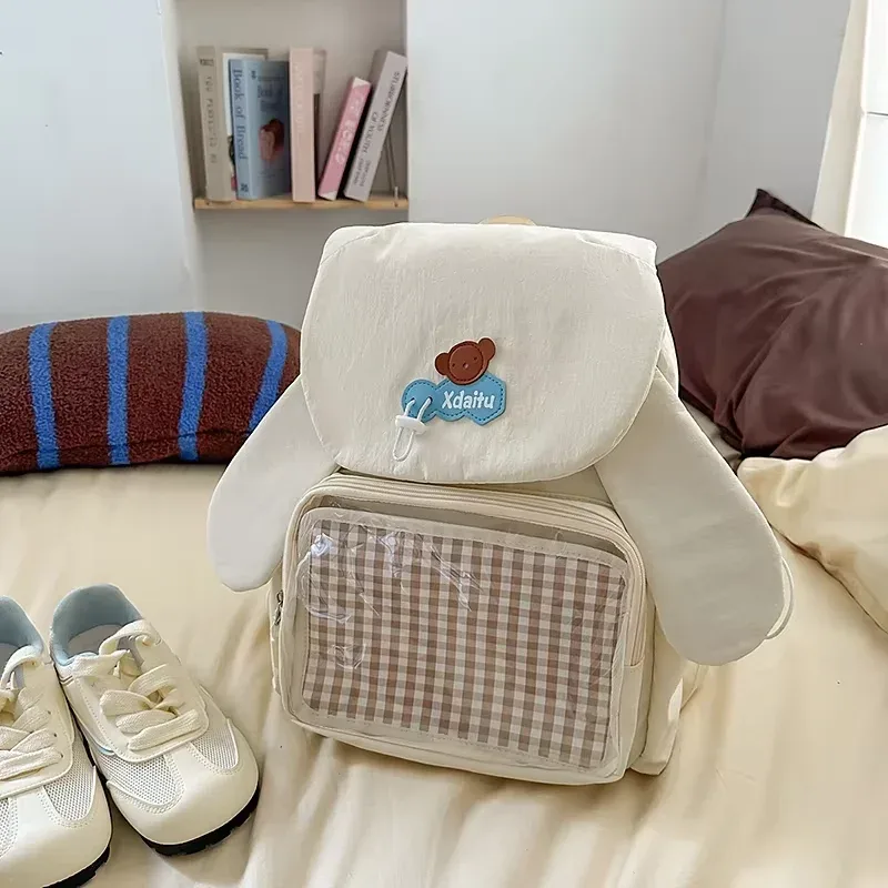 y2k bow oreille de lapin japonais ita sac à dos lolita fille sac transparent mignon haute capacité sac à dos style preppy sac à dos à volants
