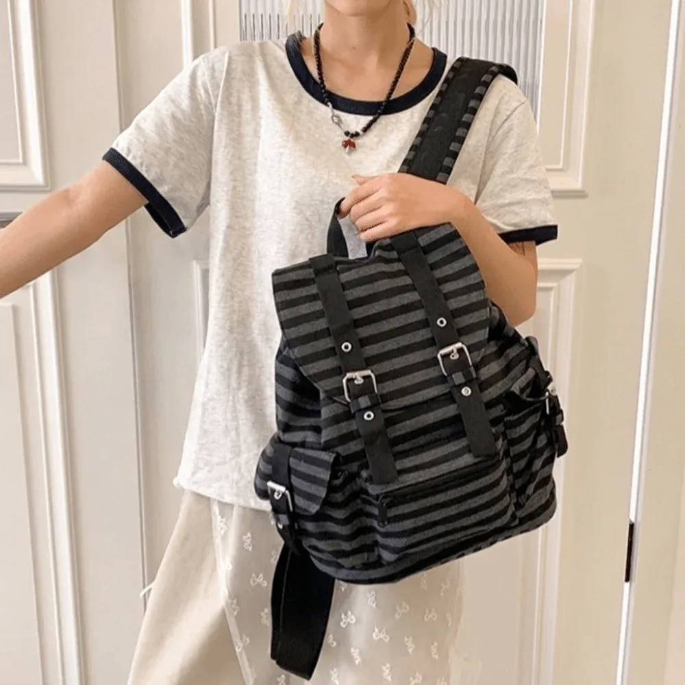 sac à dos rétro à rayures de grande capacité, style y2k, multi-poches, sac d'école pour étudiants, sac de randonnée et de camping en nylon, style coréen.