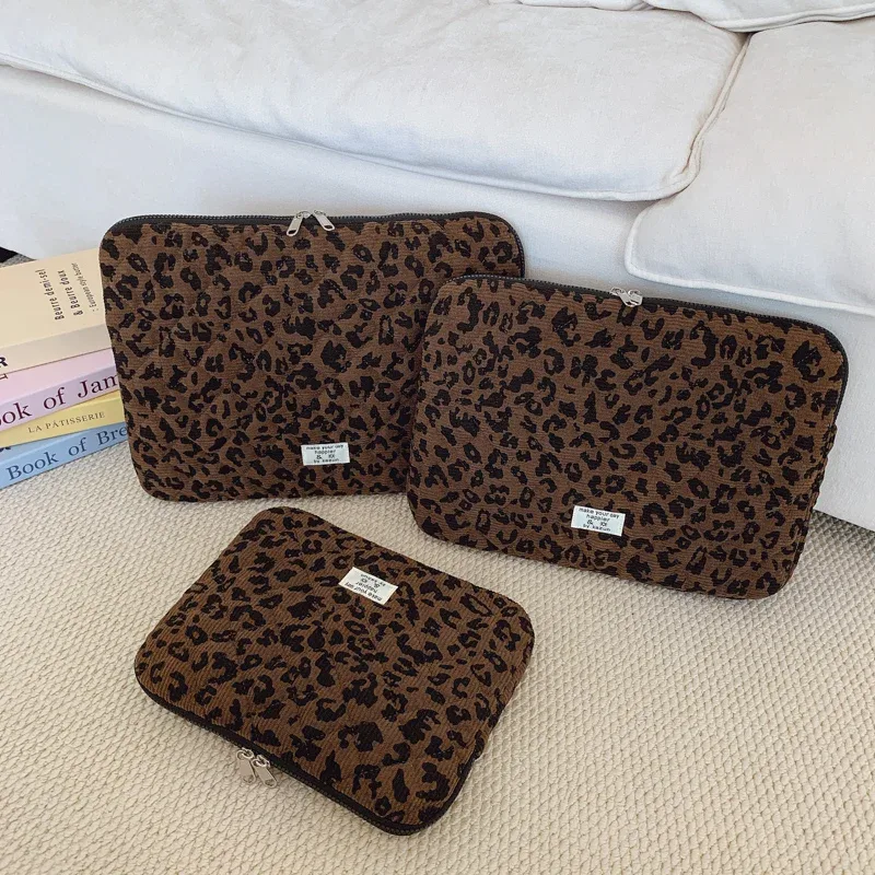 sac de rangement pour ordinateur portable en velours côtelé, décoration décontractée à imprimé léopard, 11/13/15 pouces, adapté aux déplacements quotidiens