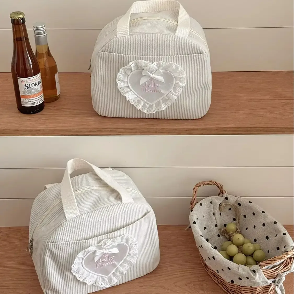 sac à main grande capacité yt commuting en velours côtelé avec dentelle et cœur, sac isotherme pour le déjeuner, nouveau sac de rangement pour étudiants et travailleurs