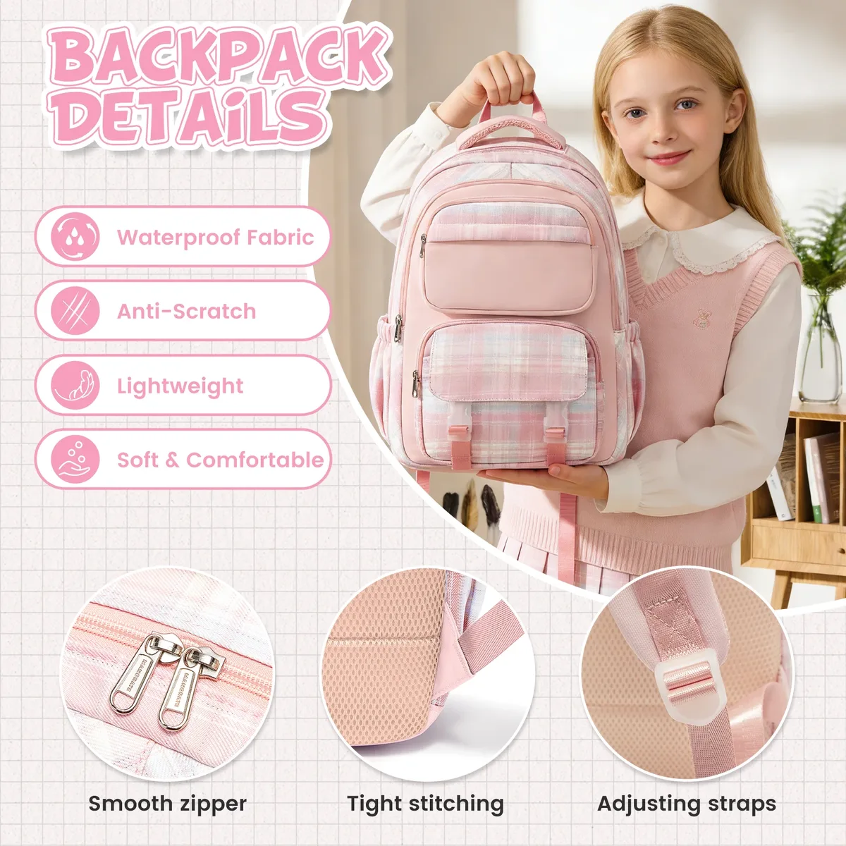 sac à dos scolaire pour adolescente, sac à dos décontracté multi-poches pour l'école primaire, sacs à dos quotidiens, sac à dos pour l'école