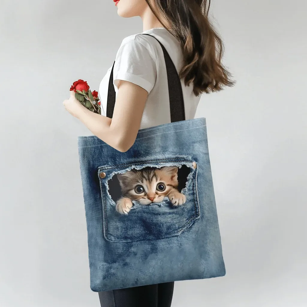 sac de rangement avec motif de chat qui fait la curieuse dans une poche de jean, sac à main mignon avec motif d'animal, sacs fourre-tout adaptés pour le shopping et les voyages, sac à bandoulière