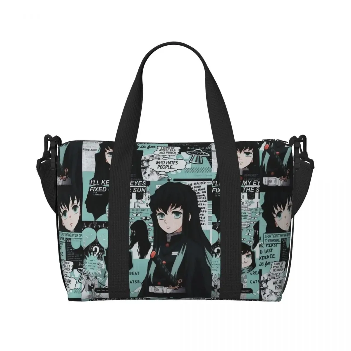 sac fourre-tout de plage personnalisé demons slayers anime manga pour femmes, tanjiro kamado nezuko, grand compartiment, sacs de voyage de plage de gym