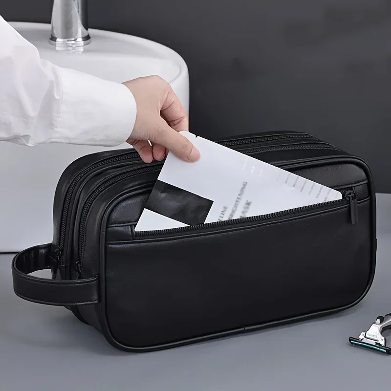 2025 trousse de toilette portable double couche pour hommes et femmes sport voyage d'affaires sac à main décontracté en cuir pu sac de maquillage étanche