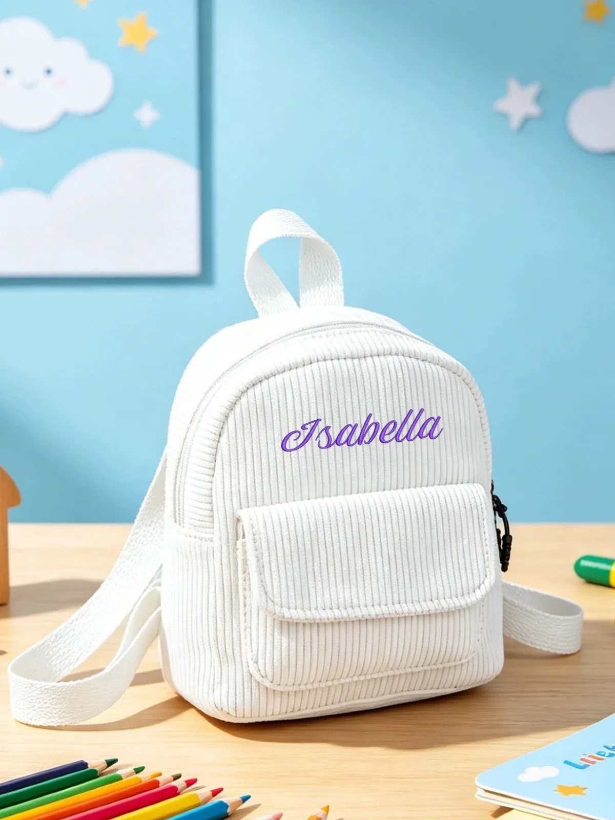 sac à dos de maternelle mini en velours côtelé avec broderie et nom personnalisé, cartable pour filles et garçons, idéal pour l'école quotidienne, cadeaux mignons pour les enfants et les vacances.