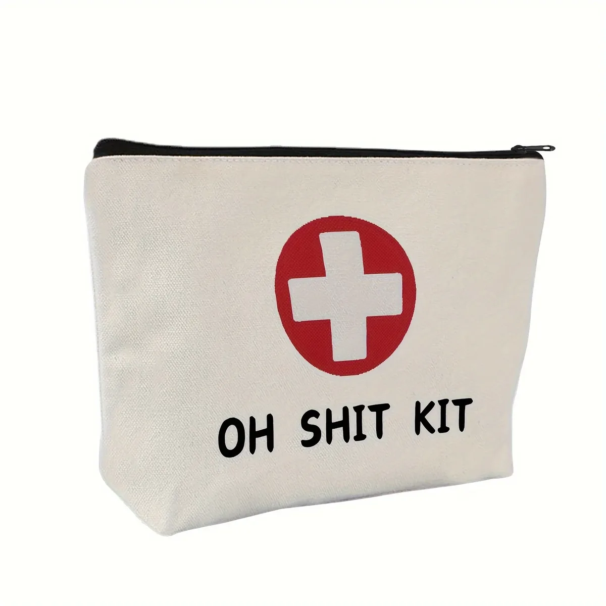 Trousse à cosmétiques de premiers secours, couleur rouge et naturelle unisexe pour adultes, pochette de toilette de voyage d'urgence imprimée avec positionnement "OH SHIT KIT"
