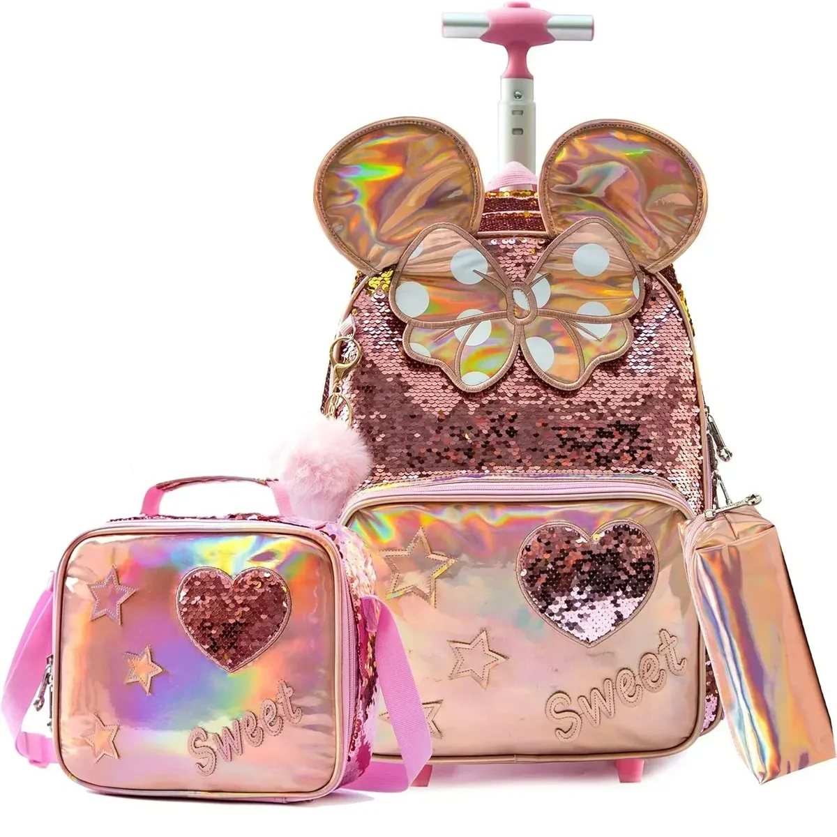 3 pièces mignon paillettes filles sac à dos roulant primaire enfant école sacs à dos fille avec roues retour à l'école sacs pour enfants bagages