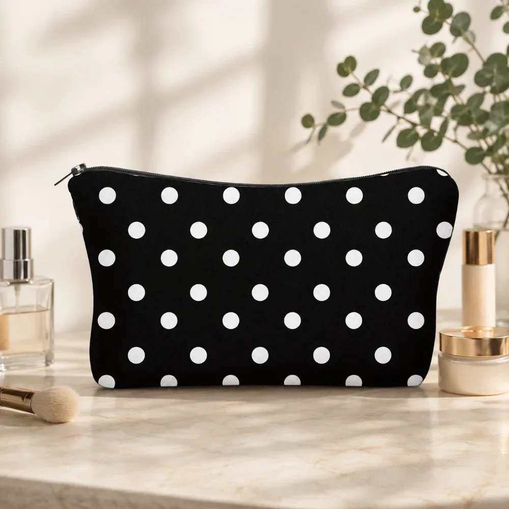pochette de maquillage à pois tendance en polyester avec fermeture éclair, trousse de toilette portable