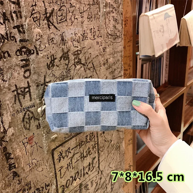 trousse de maquillage de voyage à carreaux, sac de rangement cosmétique, sacs à main pour femmes, portefeuille, étuis à crayons scolaires mignons, sacs en poudre, mode coréenne