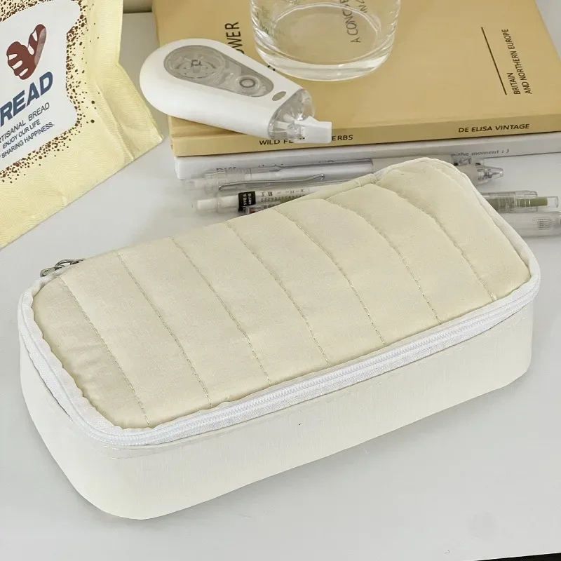 trousse à crayons en tissu doux matelassé, couleur unie, avec fermeture éclair, sac de rangement portable multi-usages pour étudiants et maquillage