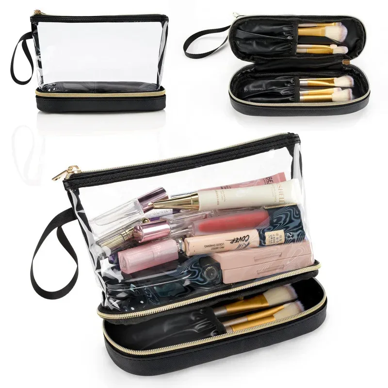 trousse de maquillage transparente multifonctionnelle, double couche, rangement de grande capacité, sac de voyage portable