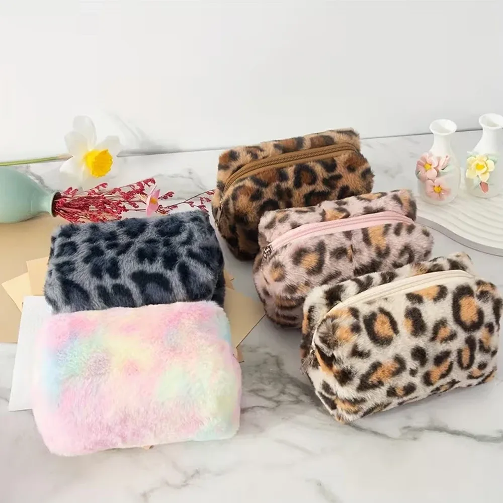 1 grande trousse à crayons et sac de rangement pour cosmétiques en daim imprimé léopard, trousse de maquillage de voyage unisexe, motif imprimé léopard, doublure en daim doux, convient pour la vie universitaire et l'us