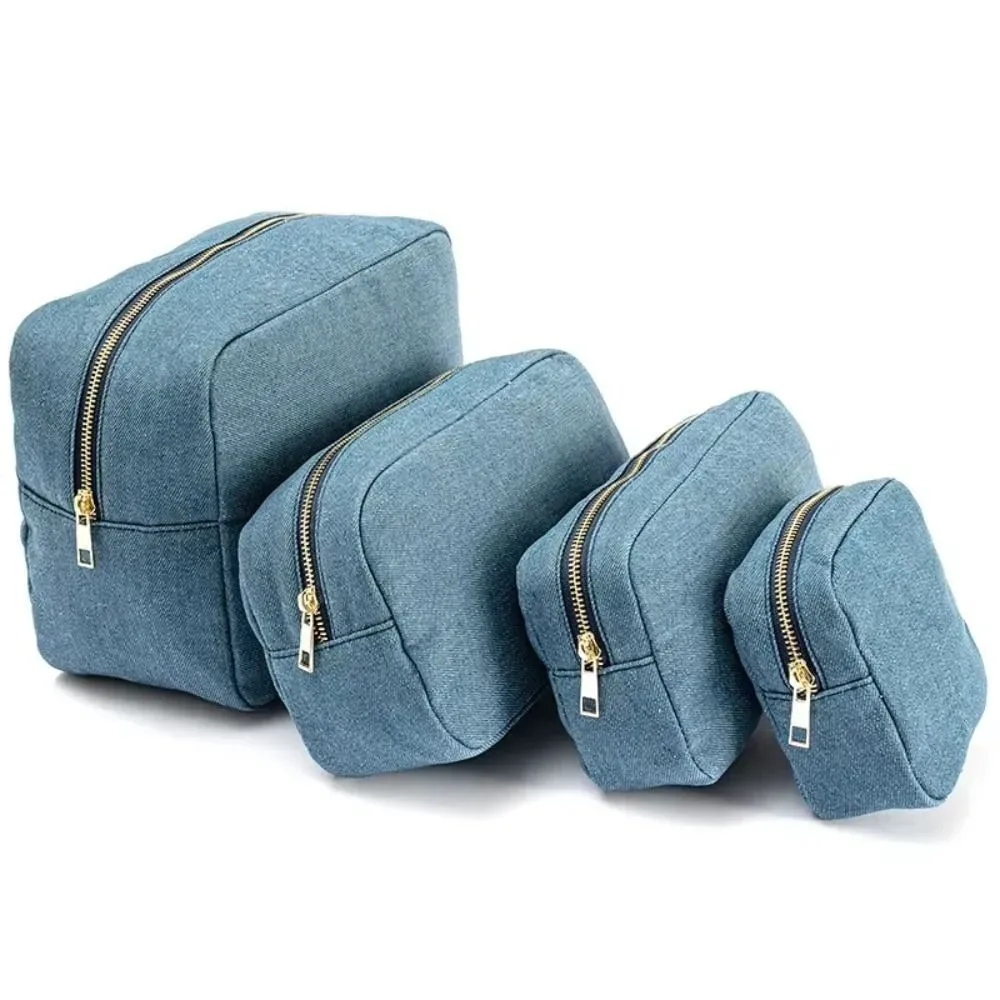 pochette à cosmétiques en denim bleu, 4 tailles, trousse de toilette vintage en jean de couleur unie avec fermeture éclair, organisateur de papeterie, trousse de maquillage pour dames