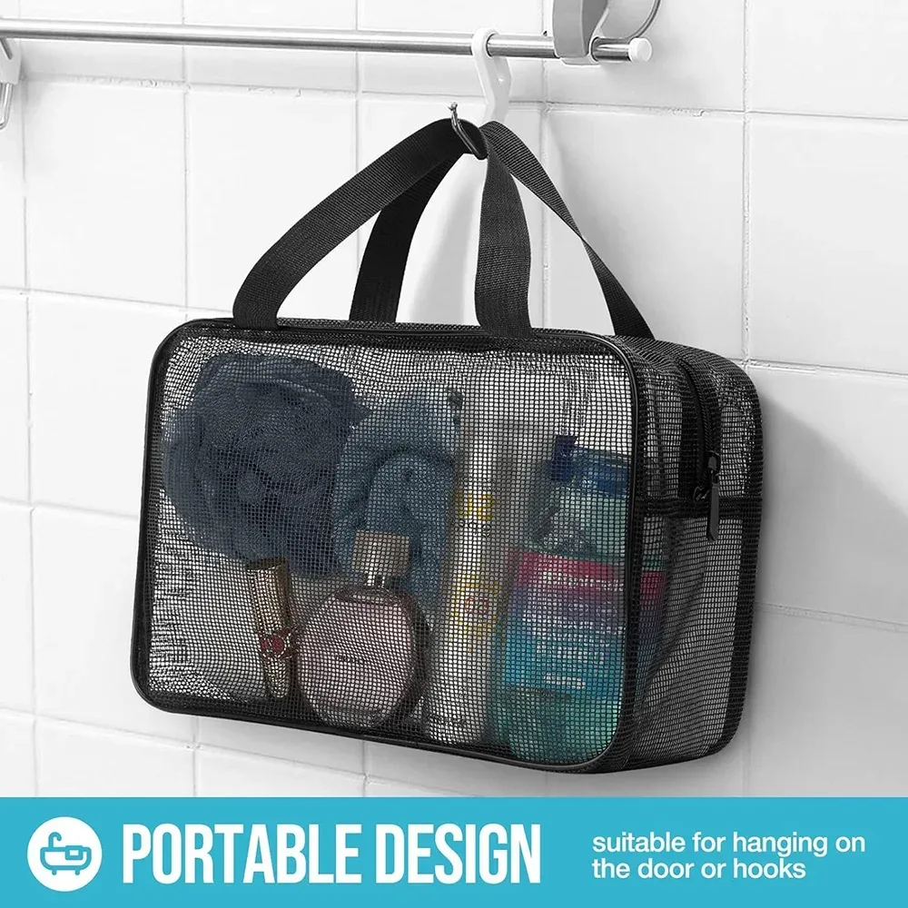 sac de douche en maille, sac de rangement cosmétique, sac de douche multifonctionnel, grande capacité, organisateur de toilette portable