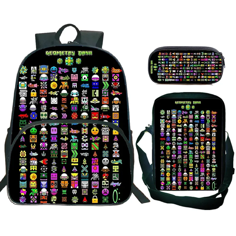 ensemble de 3 sacs à dos cartoon geometry dash pour garçons et filles, sac d'école de grande capacité, sac de voyage, sac à bandoulière pour enfants, sac à crayons
