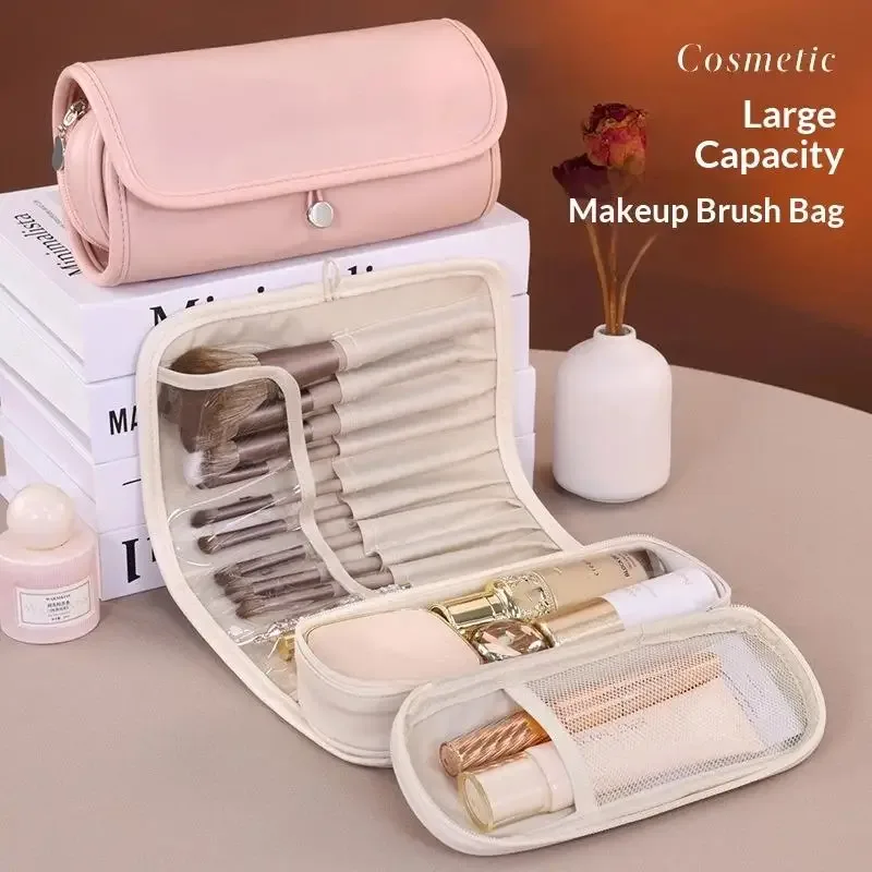 sac de rangement portable à la mode, trousse de maquillage multifonctionnelle de grande capacité, sac à pinceaux de maquillage pliable pour femme