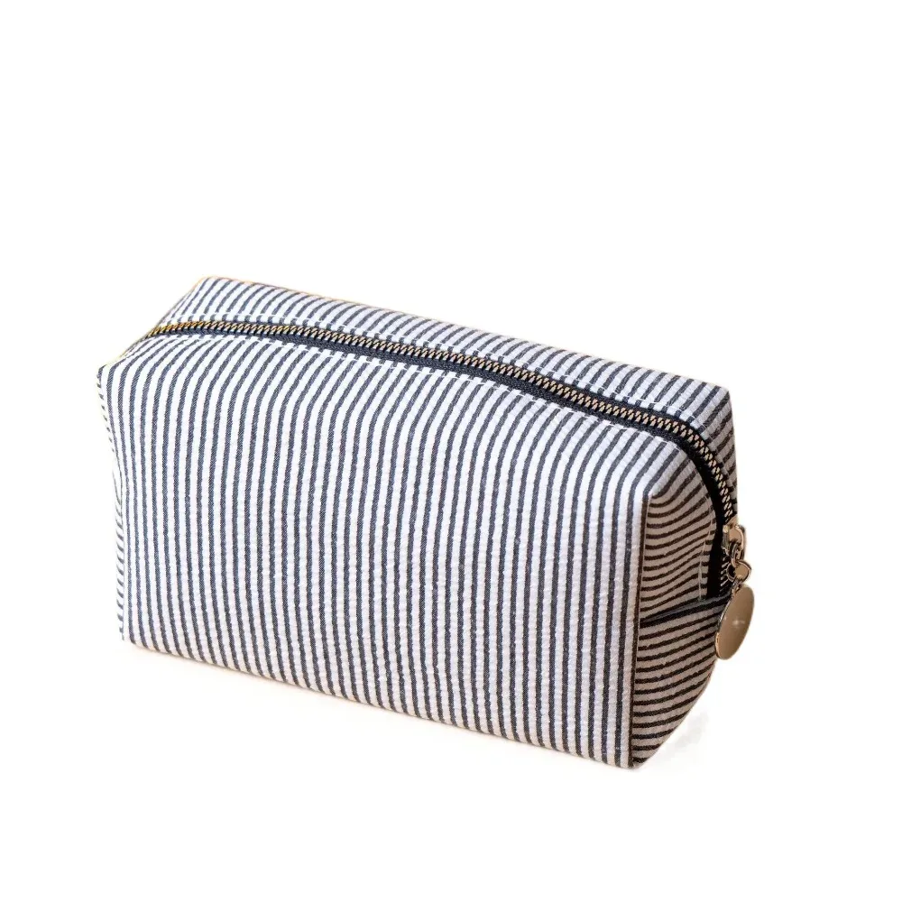 trousse de maquillage rayée en tissu seersucker doux, fermeture éclair, pochette cosmétique grande capacité, trousse à crayons multi-usages, usage quotidien