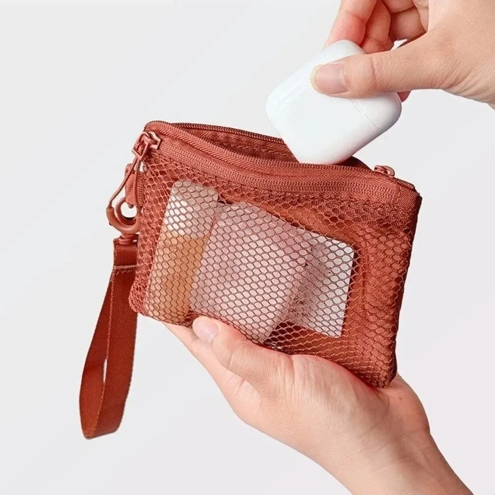sac de rangement en maille légère en polyester avec fermeture éclair, trousse de toilette de couleur unie, sac à cosmétiques multifonctionnel, usage polyvalent