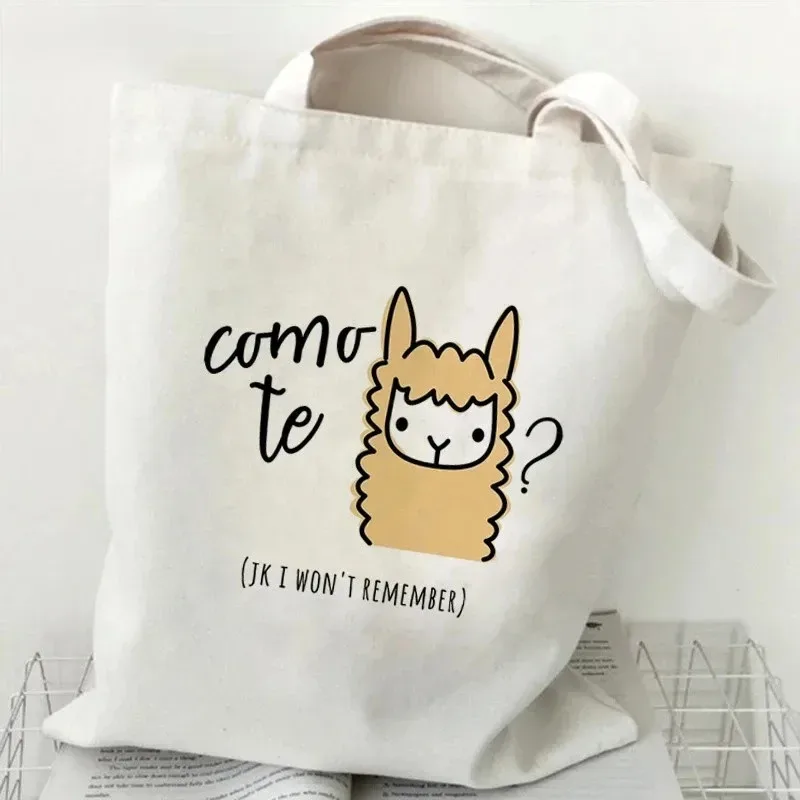 sac à main à motif d'alpaga mignon, imprimé animal de dessin animé, grande capacité, sac de shopping blanc, sac à bandoulière pour femme