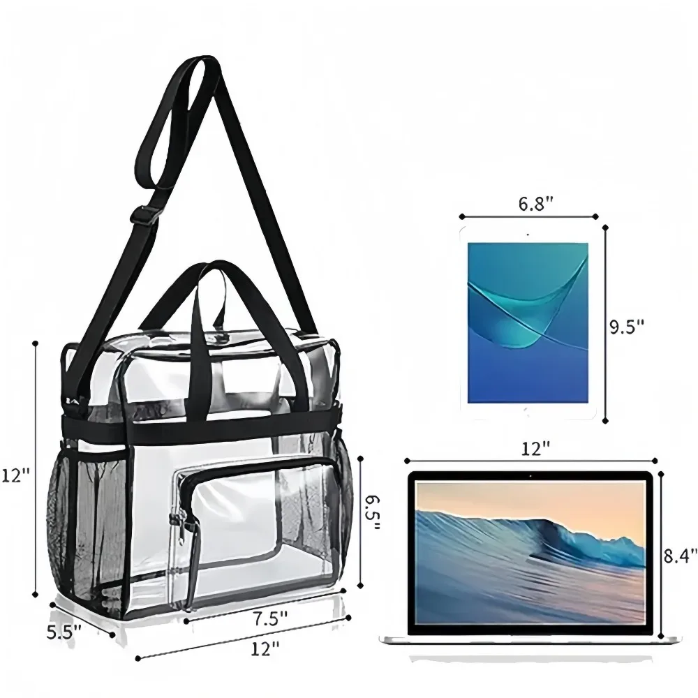 sac fourre-tout transparent robuste en pvc, approuvé pour les stades, sac bandoulière avec poches en filet pour le travail, la sécurité, les concerts et les voyages