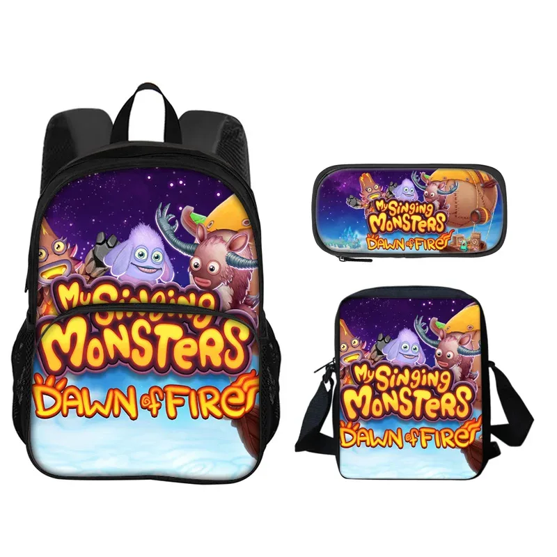 sac à dos my singing monsters, sac à stylos, sac à bandoulière, ensemble de 3 pièces imprimé pour garçons et filles de maternelle et d'école primaire