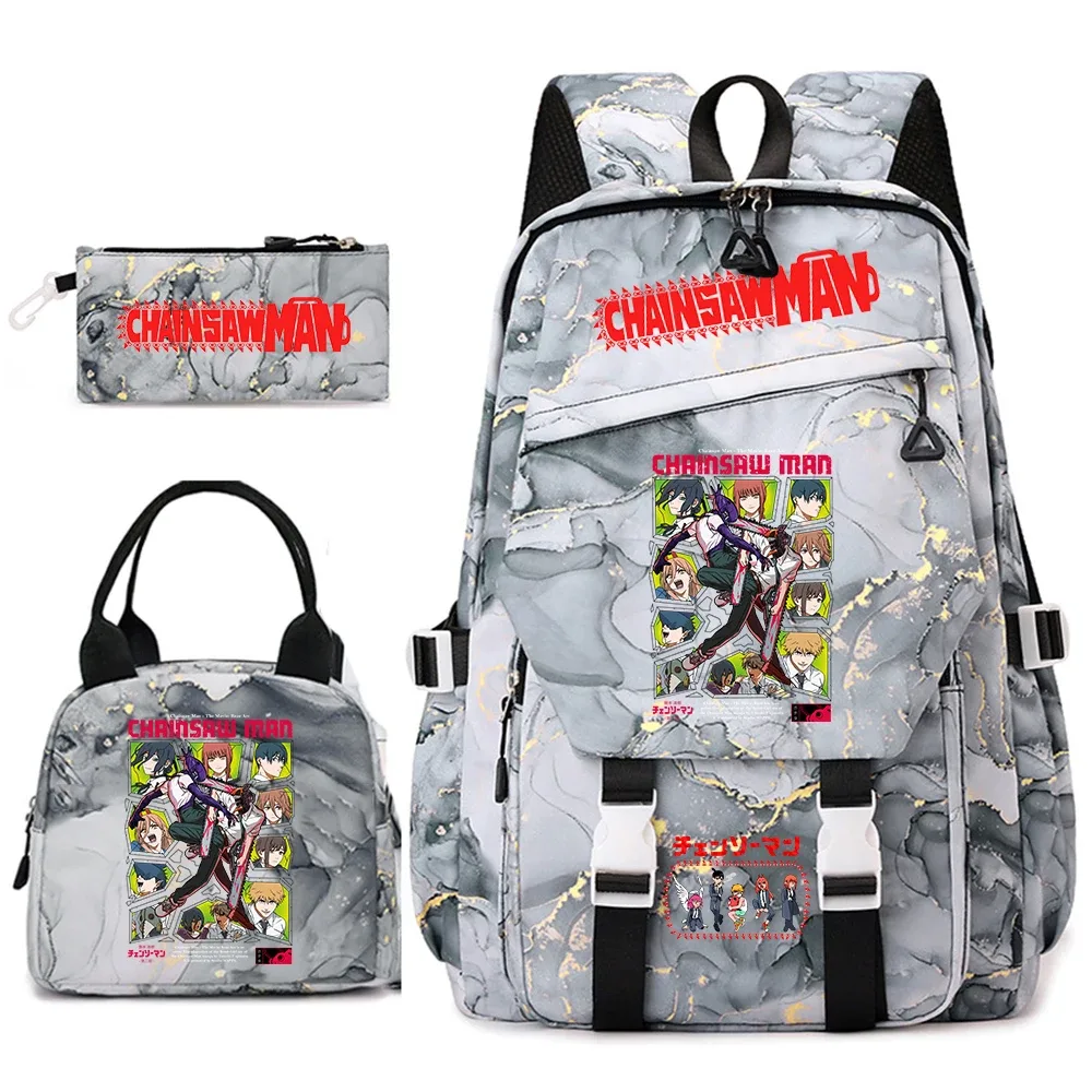 ensemble de sacs à dos pour étudiantes avec imprimé chainsaw man anime, pour filles, avec sac à lunch et trousse à crayons, pour une utilisation quotidienne à l'école