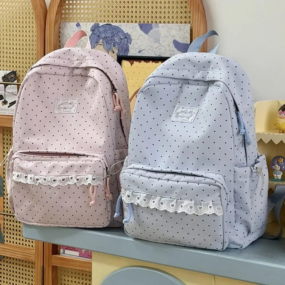 sac à dos tendance à pois grande capacité avec nœud et dentelle, sac à dos durable et minimaliste pour étudiant, idéal pour l'extérieur