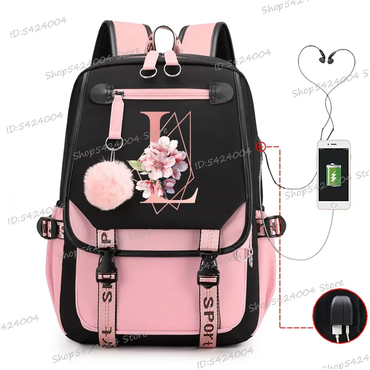 collège étudiants sacs d'école rose sakura lettres r mode voyage sac à dos adolescentes noir rose cartable a-z dessin animé cartable