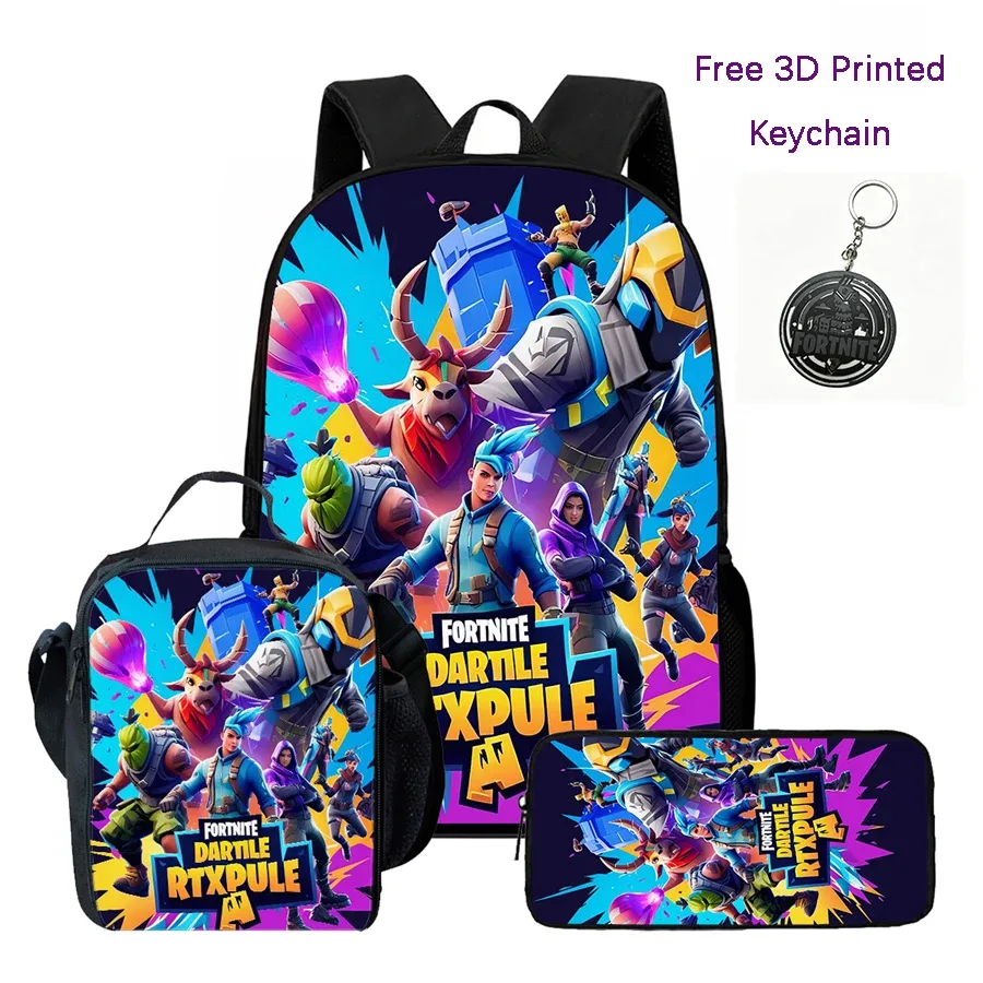ensemble de 3 sacs à dos pour enfants, sac à lunch et trousse à crayons, sac fortnite à motif de dessin animé, léger pour garçons et filles de 6 à 10 ans, porte-clés imprimé en 3d gratuit