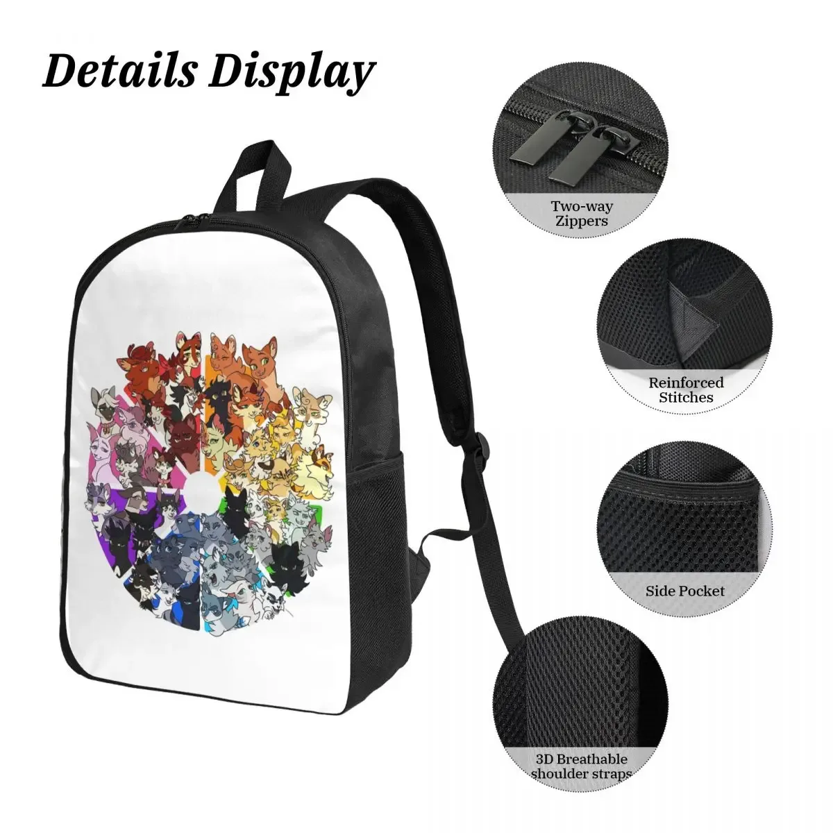 guerrier chats couleur roue sac à dos étudiant garçons filles bookbag sac d'école ordinateur portable sacs à bandoulière 3ps sac à déjeuner isolé trousse à crayons