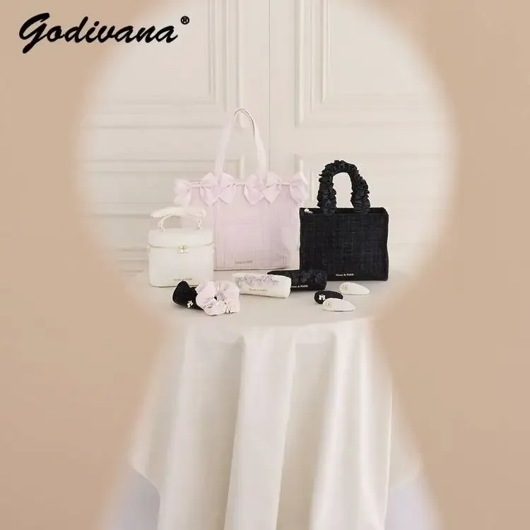étui à crayons en tweed avec nœud papillon mignon de style japonais, mini organisateur, sac de maquillage pour filles et femmes