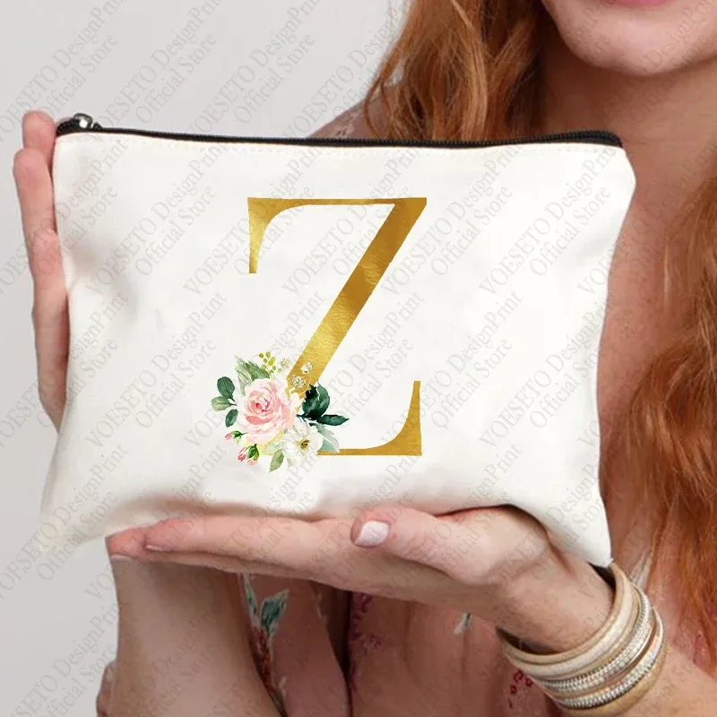 sac à fermeture éclair à motif initial pour femme, trousse de maquillage cosmétique, poudres de toile de bain de mariage, sacs de rouge à lèvres de voyage, cadeau de fête d'enterrement de vie de jeune fille