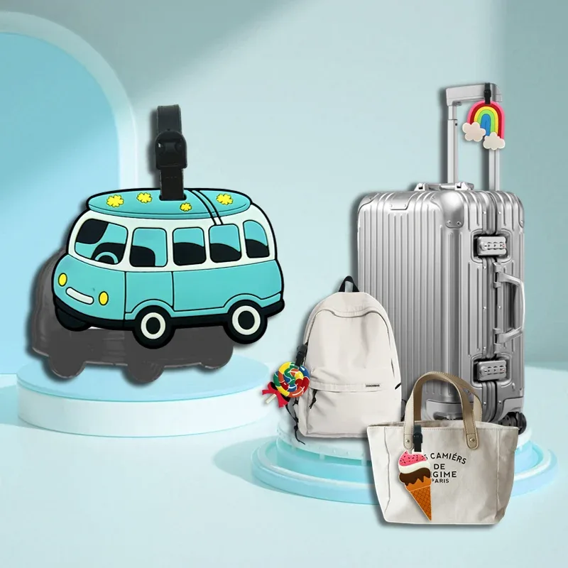 étiquette de bagage en forme de crème glacée mignonne, conception d'image de dessin animé pour enfants et filles, document de voyage et clip d'adresse en pvc durable, adapté