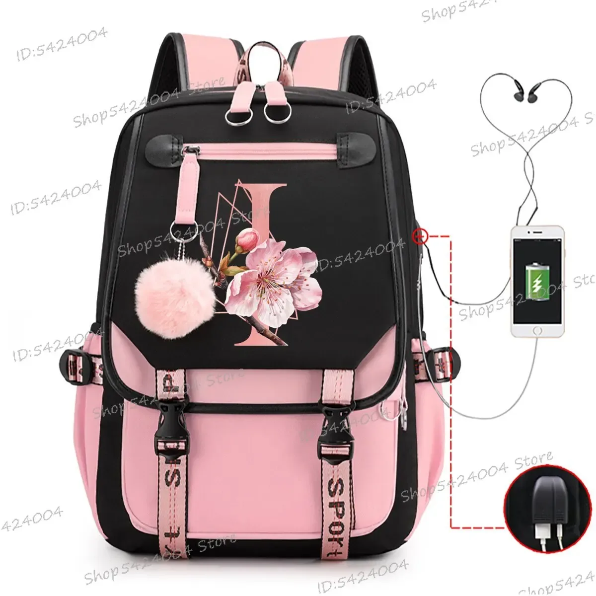 collège étudiants sacs d'école rose sakura lettres r mode voyage sac à dos adolescentes noir rose cartable a-z dessin animé cartable