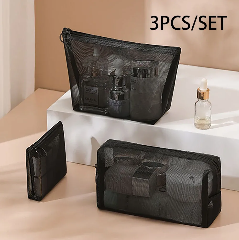 Trousses de toilette en maille noire pour femmes, trousse de maquillage de voyage, petite et grande trousse, organisateur, étuis à cosmétiques, rangement d'articles de toilette, pochette à main