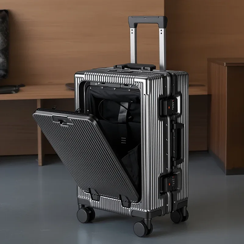 valise de voyage ko-ku nouvelle version avec ouverture frontale, compartiment pour ordinateur portable, cadre en aluminium 20-28, et porte-gobelet