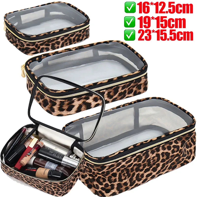 1/3 pièces transparent imprimé léopard sac de maquillage grande capacité étanche clair sac cosmétique voyage maquillage cosmétique organisateur fermeture éclair