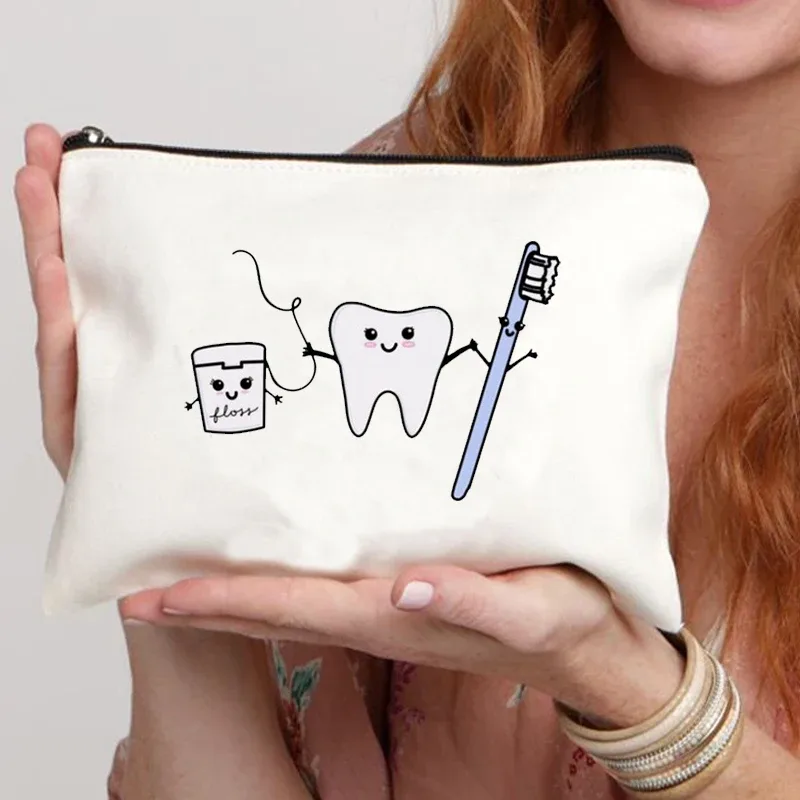 sac de dessin animé de dents pour femmes, pocommuniste de maquillage cosmétiques kawaii, trousse à crayons pour enfants, sacs de toilette en toile de voyage, poudres de golf, 2023