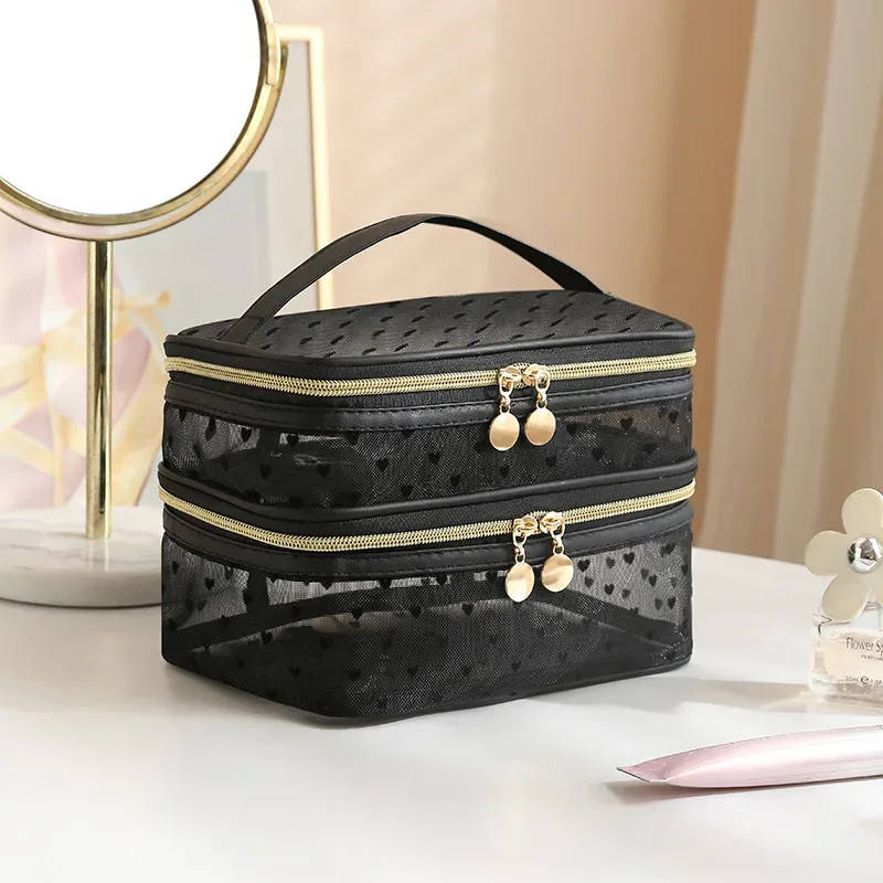trousse à cosmétiques en maille noire à double couche, trousse de maquillage portable de grande capacité, trousses de toilette à fermeture éclair, trousse de voyage, évaluationstorage, poudres
