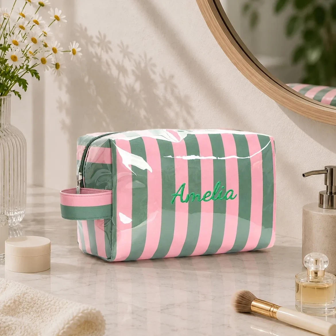 pochette cosmétique rayée personnalisée, imperméable, multifonctionnelle, portable, idéale pour les voyages, parfaite pour les mariages et les cadeaux de plage d'été