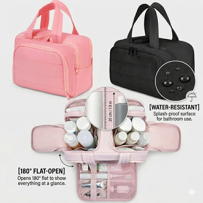 Grande trousse de maquillage de voyage 180 ° Organisateur de toilette à large ouverture, trousse à cosmétiques rembourrée résistante à l'eau avec poignée pour bouteilles pleines grand format