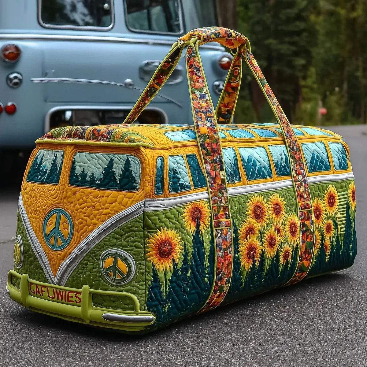 sac de voyage matelassé à bretelles réglables, en forme de voiture de camping, grande capacité, imprimé, pour la gym, le camping, la plage et les activités de plein air