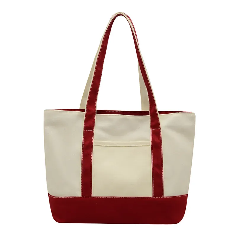 sac à bandoulière en toile personnalisable avec nom, poche avant color block, grand sac fourre-tout décontracté réutilisable pour femme, plage, shopping quotidien