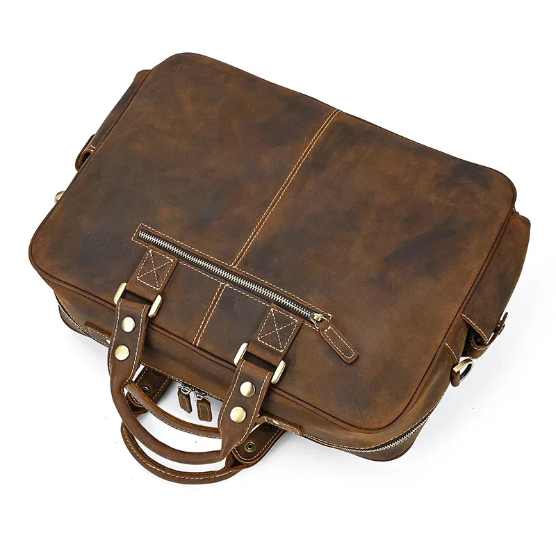 serviette vintage en cuir de cheval fou pour hommes, grand ordinateur portable, sac d'affaires en cuir véritable, fourre-tout de travail, sac de voyage, sacoche en cuir de vache