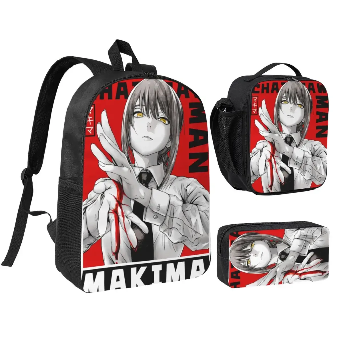 anime tronçonneuse homme 3pecs/ensemble sac à dos pour étudiant ordinateur portable sac à bandoulière sac à déjeuner trousse à crayons