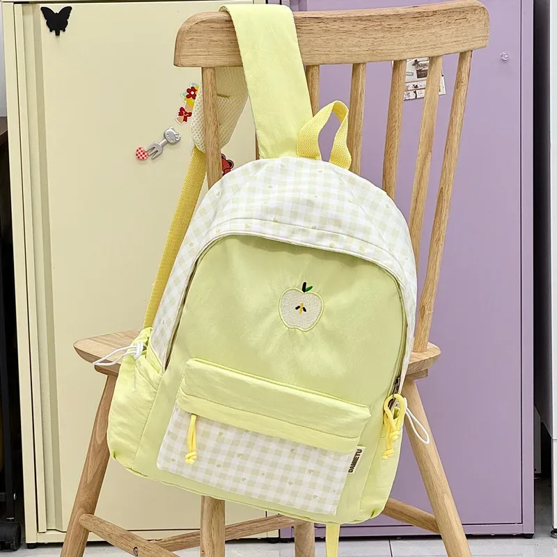 sac à dos d'étudiant en nylon à carreaux, style coréen, motif cœur, doux, mignon, décontracté, respirant, léger, pour les trajets quotidiens