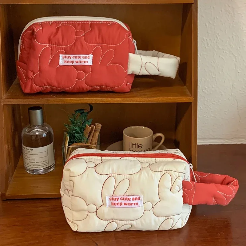 mignon femmes portable lapin matelassé coton sac cosmétique sac à main dame fourre-tout pochette de maquillage organisateur de voyage sacs de rangement avec fermeture éclair